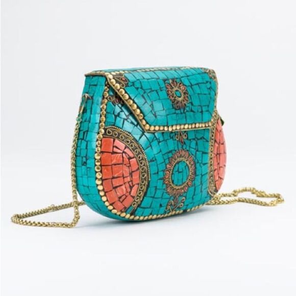 $139 MSRP - Ramla JEWEL Bag - TEAL & ORANGE Mosaic Tiles Handmade in Morocco - Picture 2 of 8